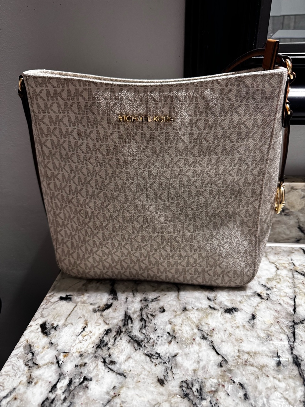 Michael Kors Neutral Beige MK Logo Crossbody with Gold Hardware